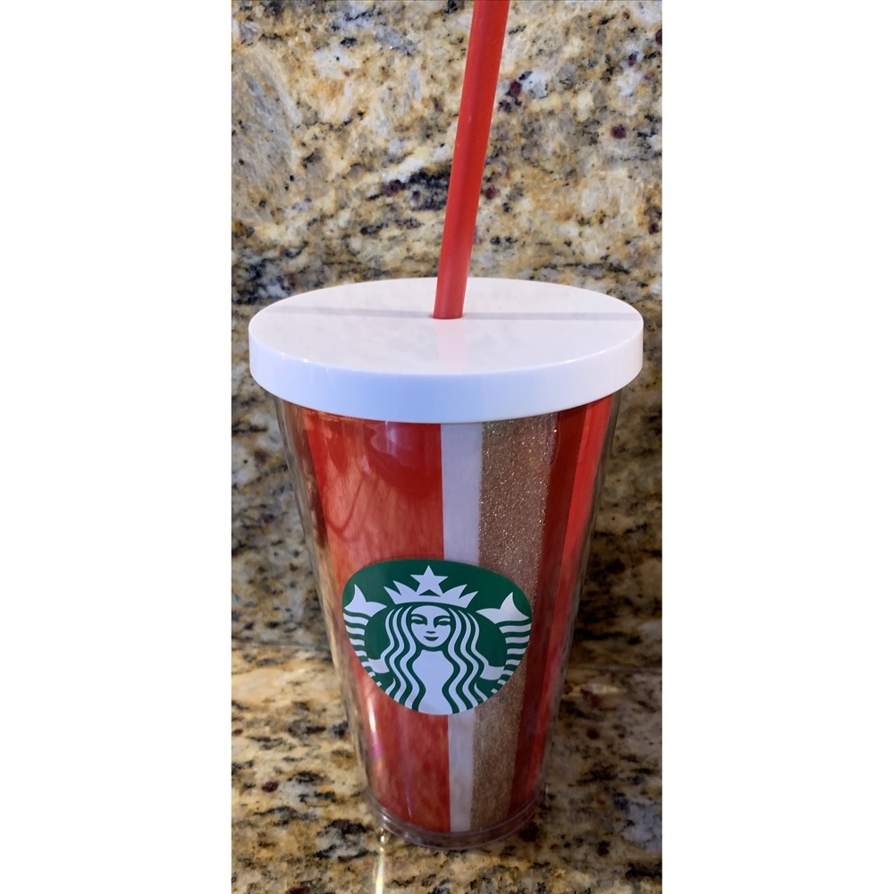 Starbucks 2018 Holiday Striped Tumbler Cup with Lid Straw Red Glitter 16 Oz.
